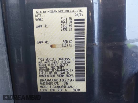 ✅ 2017 Nissan Maxima S • VIN: 1N4AA6AP3HC382797 • Lot: 42945459. Listed on IAAI with 127,826 mi. Free auction sales archive from the USA and detailed vehicle history report at DreamBid. Image 9.