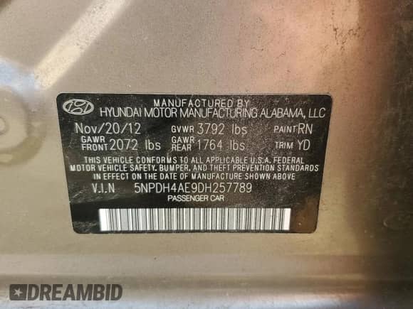 ✅ 2013 Hyundai Elantra GLS • VIN: 5NPDH4AE9DH257789 • Lot: 71285505. Listed on Copart with 60,960 mi. Free auction sales archive from the USA and detailed vehicle history report at DreamBid. Image 12.