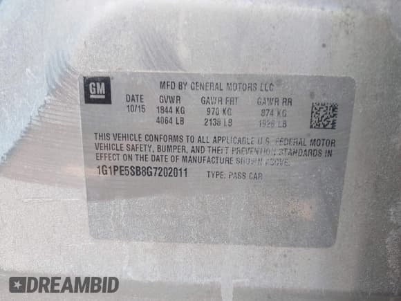 ✅ 2016 Chevrolet Cruze LT • VIN: 1G1PE5SB8G7202011 • Лот: 43729525. Опубликован ранее на IAAI с пробегом Не указан. Бесплатный доступ к архиву аукционных продаж из США и подробный отчёт об истории автомобиля на DreamBid. Изображение 9.