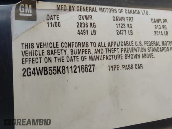 ✅ 2001 Buick Regal LS • VIN: 2G4WB55K811216627 • Лот: 42718159. Опубликован ранее на IAAI с пробегом Не указан. Бесплатный доступ к архиву аукционных продаж из США и подробный отчёт об истории автомобиля на DreamBid. Изображение 9.