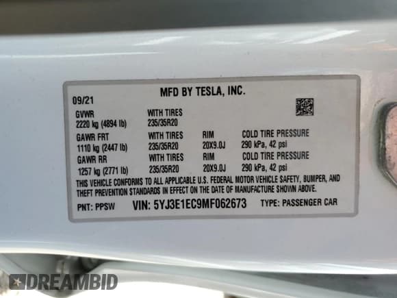 ✅ 2021 Tesla Model 3 Performance • VIN: 5YJ3E1EC9MF062673 • Лот: 57182155. Опубликован ранее на Copart с пробегом 66 710 миль. Бесплатный доступ к архиву аукционных продаж из США и подробный отчёт об истории автомобиля на DreamBid. Изображение 12.