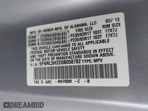 ✅ 2013 Honda Odyssey LX • VIN: 5FNRL5H22DB058782 • Lot: 43651712. Listed on IAAI with 132,798 mi. Free auction sales archive from the USA and detailed vehicle history report at DreamBid. Image 9.