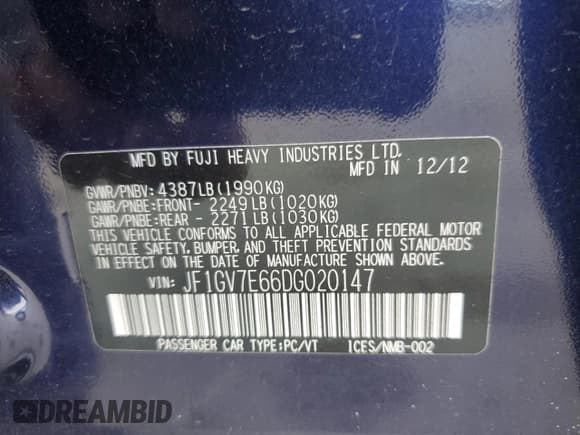 ✅ 2013 Subaru WRX WRX • VIN: JF1GV7E66DG020147 • Lot: 80020695. Listed on Copart with 89,275 mi. Free auction sales archive from the USA and detailed vehicle history report at DreamBid. Image 12.
