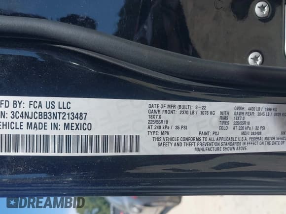 ✅ 2022 Jeep Compass Altitude • VIN: 3C4NJCBB3NT213487 • Lot: 43121718. Wystawiony na IAAI z przebiegiem 43 888 mil. Bezpłatny archiwum sprzedaży aukcyjnych z USA i szczegółowy raport historii pojazdu na DreamBid. Zdjęcie 9.