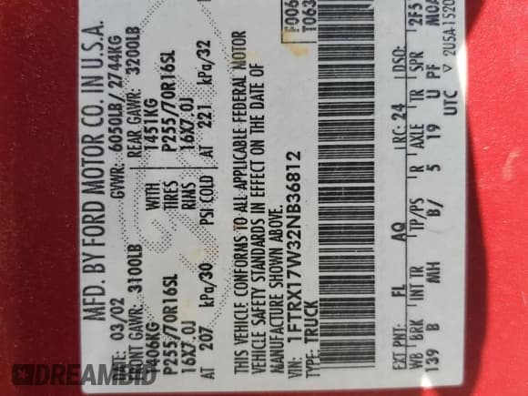 ✅ 2002 Ford F-150 XL • VIN: 1FTRX17W32NB36812 • Lot: 71221765. Listed on Copart with 226,636 mi. Free auction sales archive from the USA and detailed vehicle history report at DreamBid. Image 12.