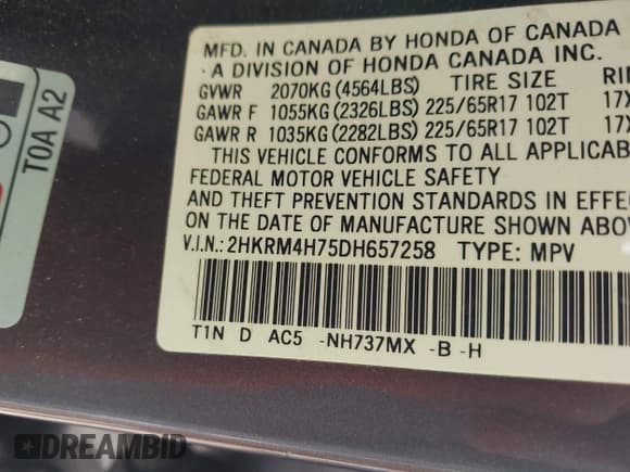 ✅ 2013 Honda CR-V EX-L • VIN: 2HKRM4H75DH657258 • Lot: 43655621. Listed on IAAI with Not provided. Free auction sales archive from the USA and detailed vehicle history report at DreamBid. Image 9.