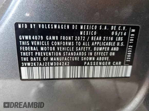 ✅ 2014 Volkswagen Jetta S • VIN: 3VW2K7AJ2EM304242 • Lot: 78650074. Listed on Copart with 145,347 mi. Free auction sales archive from the USA and detailed vehicle history report at DreamBid. Image 12.