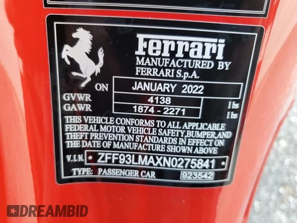 ✅ 2022 Ferrari F8 • VIN: ZFF93LMAXN0275841 • Lot: 73758724. Listed on Copart with Not provided. Free auction sales archive from the USA and detailed vehicle history report at DreamBid. Image 12.