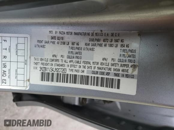 ✅ 2018 Mazda 3 Touring • VIN: 3MZBN1V34JM207263 • Lot: 86837585. Listed on Copart with 154,594 mi. Free auction sales archive from the USA and detailed vehicle history report at DreamBid. Image 12.