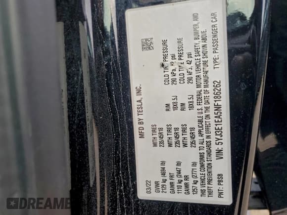 ✅ 2022 Tesla Model 3 • VIN: 5YJ3E1EA5NF186262 • Lot: 95076875. Listed on Copart with 147,074 mi. Free auction sales archive from the USA and detailed vehicle history report at DreamBid. Image 13.