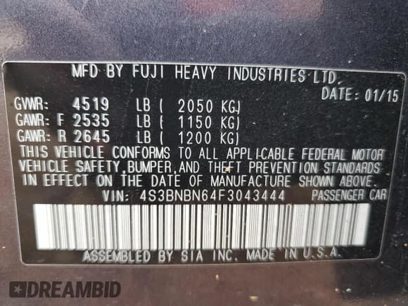 ✅ 2015 Subaru Legacy Limited • VIN: 4S3BNBN64F3043444 • Lot: 81827965. Listed on Copart with 173,818 mi. Free auction sales archive from the USA and detailed vehicle history report at DreamBid. Image 12.