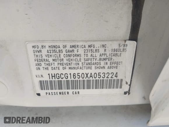 ✅ 1999 Honda Accord EX • VIN: 1HGCG1650XA053224 • Lot: 43715232. Wystawiony na IAAI z przebiegiem 193 765 mil. Bezpłatny archiwum sprzedaży aukcyjnych z USA i szczegółowy raport historii pojazdu na DreamBid. Zdjęcie 9.