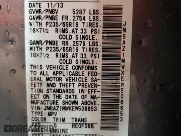 ✅ 2014 Nissan Murano SL • VIN: JN8AZ1MWXEW506653 • Lot: 83785895. Listed on Copart with 125,254 mi. Free auction sales archive from the USA and detailed vehicle history report at DreamBid. Image 13.