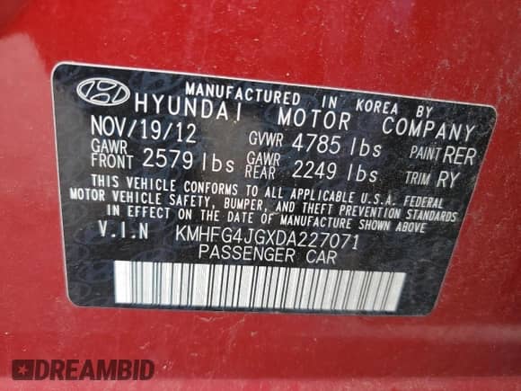 2013 Hyundai Azera with VIN KMHFG4JGXDA227071, listed as a Copart auction lot 57402424 with 53,424 mi miles and Non repairable. Bid and sale history available at DreamBid. Image 14.