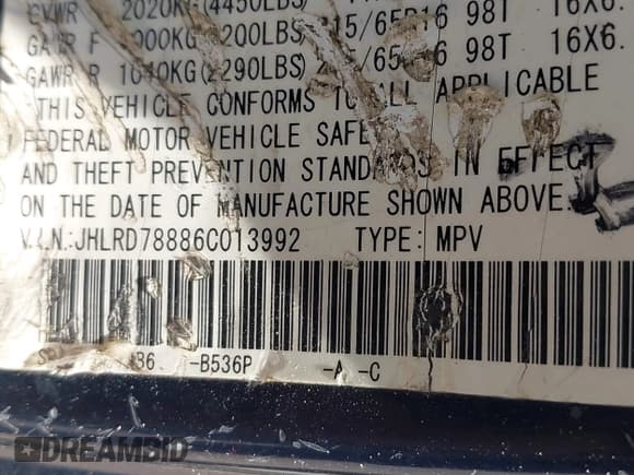 ✅ 2006 Honda CR-V EX • VIN: JHLRD78886C013992 • Лот: 42097103. Опубликован ранее на IAAI с пробегом 183 588 миль. Бесплатный доступ к архиву аукционных продаж из США и подробный отчёт об истории автомобиля на DreamBid. Изображение 9.