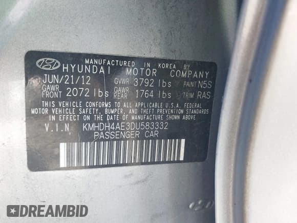 ✅ 2013 Hyundai Elantra GLS • VIN: KMHDH4AE3DU583332 • Lot: 43555990. Listed on IAAI with 155,431 mi. Free auction sales archive from the USA and detailed vehicle history report at DreamBid. Image 9.