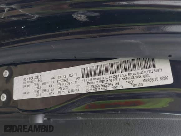2017 Ram 1500 Tradesman with VIN 3C6JR7AT2HG523546, listed as a IAAI auction lot 41601222 with 109,578 mi miles and . Bid and sale history available at DreamBid. Image 9.