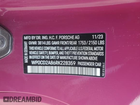 ✅ 2024 Porsche 718 Boxster GTS 4.0 • VIN: WP0CD2A86RK228359 • Lot: 42220425. Wystawiony na Copart z przebiegiem 2 865 mil. Bezpłatny archiwum sprzedaży aukcyjnych z USA i szczegółowy raport historii pojazdu na DreamBid. Zdjęcie 12.
