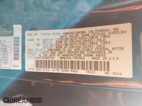 ✅ 2005 Toyota Tacoma • VIN: 5TELU42N75Z080731 • Lot: 43672046. Listed on IAAI with 156,252 mi. Free auction sales archive from the USA and detailed vehicle history report at DreamBid. Image 9.