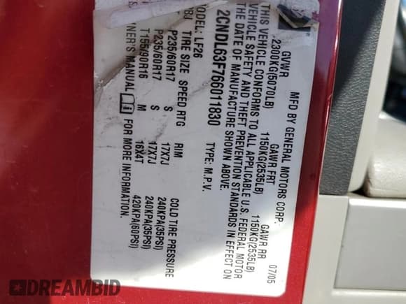 ✅ 2006 Chevrolet Equinox LT • VIN: 2CNDL63F766011830 • Лот: 42423995. Опубликован ранее на Copart с пробегом 186 630 миль. Бесплатный доступ к архиву аукционных продаж из США и подробный отчёт об истории автомобиля на DreamBid. Изображение 14.