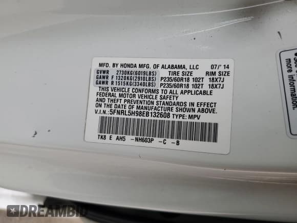 ✅ 2014 Honda Odyssey Touring • VIN: 5FNRL5H98EB132608 • Lot: 84524305. Listed on Copart with 106,704 mi. Free auction sales archive from the USA and detailed vehicle history report at DreamBid. Image 13.