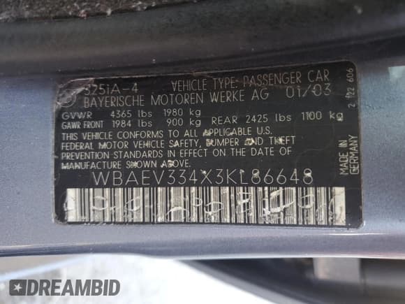 ✅ 2003 BMW 3 Series 325i • VIN: WBAEV334X3KL86648 • Lot: 87032205. Listed on Copart with 201,613 mi. Free auction sales archive from the USA and detailed vehicle history report at DreamBid. Image 13.