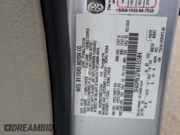 ✅ 2011 Ford Fusion Hybrid • VIN: 3FADP0L37BR135584 • Lot: 82399544. Listed on Copart with 108,575 mi. Free auction sales archive from the USA and detailed vehicle history report at DreamBid. Image 15.