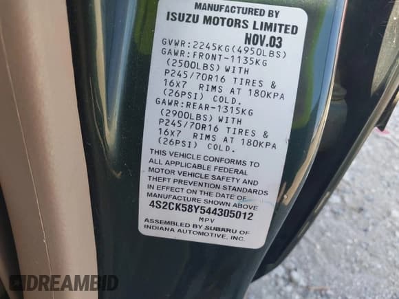 ✅ 2004 Isuzu Rodeo S • VIN: 4S2CK58Y544305012 • Lot: 43027958. Listed on IAAI with 125,526 mi. Free auction sales archive from the USA and detailed vehicle history report at DreamBid. Image 9.