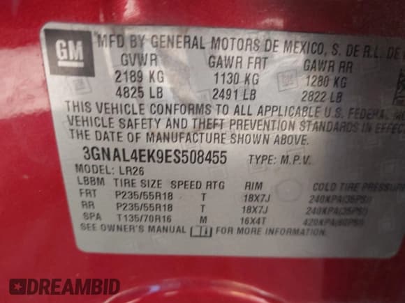 ✅ 2014 Chevrolet Captiva Sport LTZ • VIN: 3GNAL4EK9ES508455 • Lot: 42456662. Wystawiony na IAAI z przebiegiem 124 960 mil. Bezpłatny archiwum sprzedaży aukcyjnych z USA i szczegółowy raport historii pojazdu na DreamBid. Zdjęcie 9.