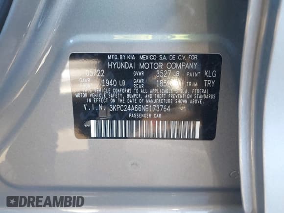 ✅ 2022 Hyundai Accent SE • VIN: 3KPC24A66NE173764 • Лот: 41297625. Опубликован ранее на IAAI с пробегом 33 853 миль. Бесплатный доступ к архиву аукционных продаж из США и подробный отчёт об истории автомобиля на DreamBid. Изображение 9.