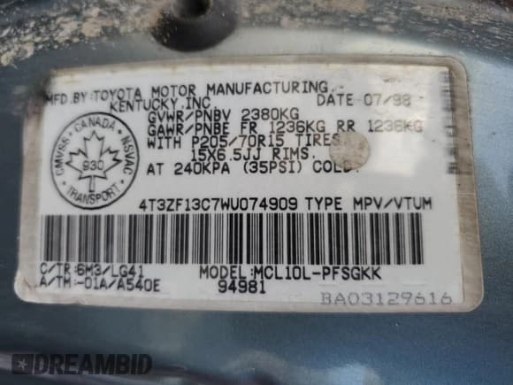 ✅ 1998 Toyota Sienna LE • VIN: 4T3ZF13C7WU074909 • Lot: 72345864. Listed on Copart with 452,598 mi. Free auction sales archive from the USA and detailed vehicle history report at DreamBid. Image 14.