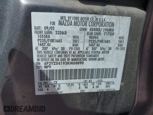 ✅ 2003 Mazda Tribute LX • VIN: 4F2YZ04193KM08890 • Лот: 42158385. Опубликован ранее на IAAI с пробегом 282 314 миль. Бесплатный доступ к архиву аукционных продаж из США и подробный отчёт об истории автомобиля на DreamBid. Изображение 9.