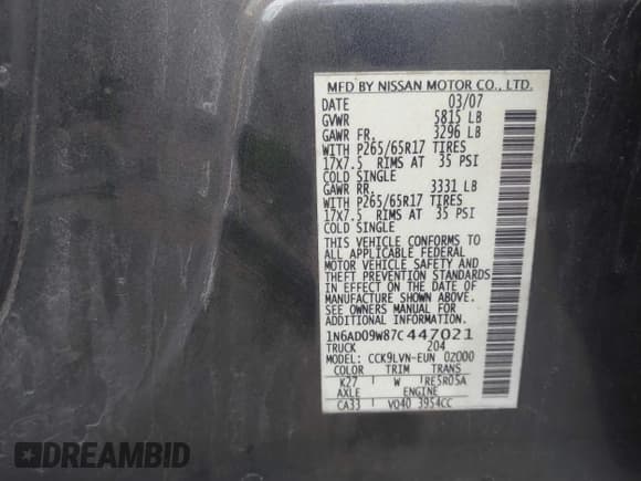 ✅ 2007 Nissan Frontier SE • VIN: 1N6AD09W87C447021 • Lot: 42280583. Listed on IAAI with 177,883 mi. Free auction sales archive from the USA and detailed vehicle history report at DreamBid. Image 9.