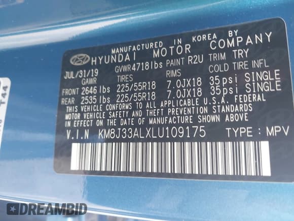 ✅ 2020 Hyundai Tucson SEL • VIN: KM8J33ALXLU109175 • Lot: 43562629. Listed on IAAI with 23,071 mi. Free auction sales archive from the USA and detailed vehicle history report at DreamBid. Image 9.