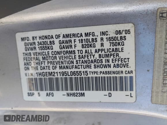 ✅ 2005 Honda Civic VP • VIN: 1HGEM21195L065515 • Lot: 43676523. Listed on IAAI with 156,618 mi. Free auction sales archive from the USA and detailed vehicle history report at DreamBid. Image 9.