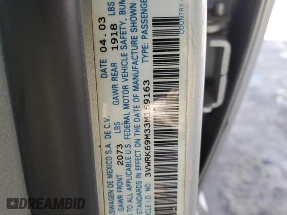 ✅ 2003 Volkswagen Jetta GL • VIN: 3VWRK69M33M169163 • Lot: 87122634. Wystawiony na Copart z przebiegiem 66 363 mil. Bezpłatny archiwum sprzedaży aukcyjnych z USA i szczegółowy raport historii pojazdu na DreamBid. Zdjęcie 12.