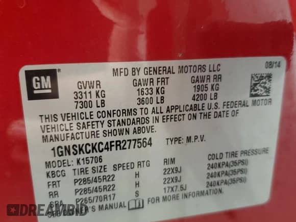 2015 Chevrolet Tahoe LTZ z VIN 1GNSKCKC4FR277564, wystawiony jako Copart lot #60589335 z przebiegiem Nie podano mil oraz Szkoda całkowita • Salvage title. Historia ofert i sprzedaży dostępna na DreamBid. Obrazek 13.