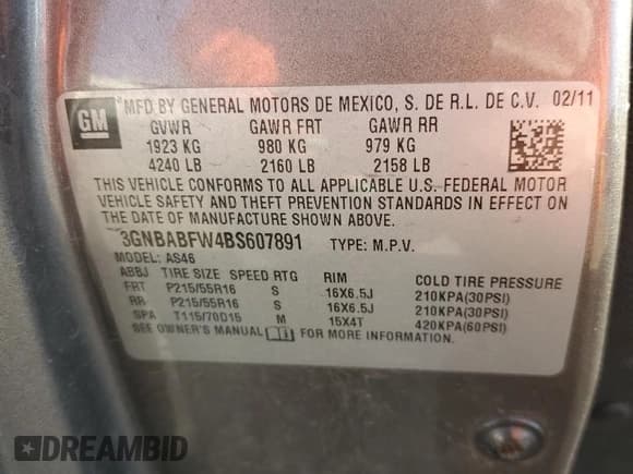 ✅ 2011 Chevrolet HHR 1LT • VIN: 3GNBABFW4BS607891 • Lot: 44038785. Listed on Copart with 91,209 mi. Free auction sales archive from the USA and detailed vehicle history report at DreamBid. Image 15.