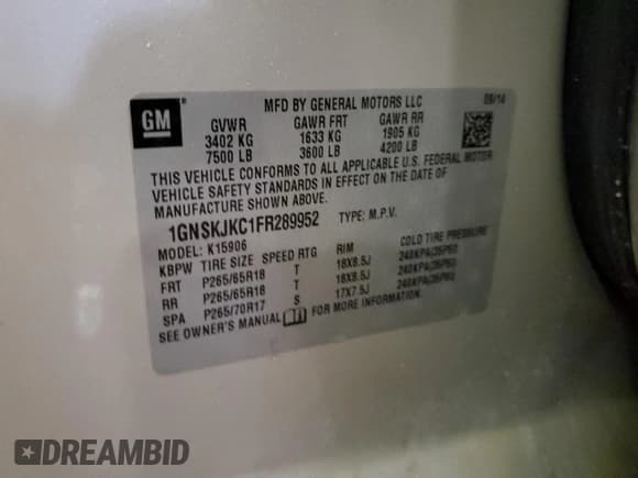 ✅ 2015 Chevrolet Suburban LT • VIN: 1GNSKJKC1FR289952 • Лот: 86842865. Опубликован ранее на Copart с пробегом 224 346 миль. Бесплатный доступ к архиву аукционных продаж из США и подробный отчёт об истории автомобиля на DreamBid. Изображение 13.