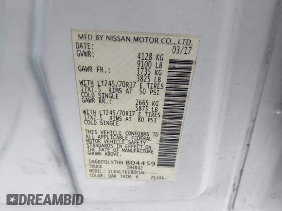 ✅ 2017 Nissan NV Cargo SV • VIN: 1N6BF0LY7HN804459 • Lot: 41476394. Listed on IAAI with 141,054 mi. Free auction sales archive from the USA and detailed vehicle history report at DreamBid. Image 9.