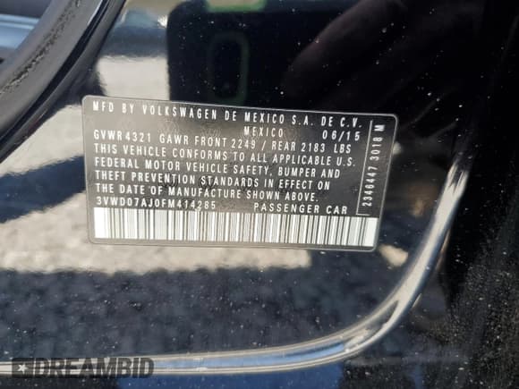 ✅ 2015 Volkswagen Jetta SE • VIN: 3VWD07AJ0FM414285 • Lot: 51930645. Listed on Copart with 136,618 mi. Free auction sales archive from the USA and detailed vehicle history report at DreamBid. Image 12.