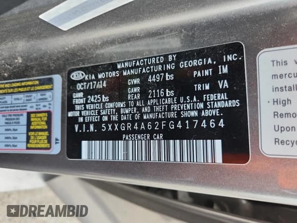 ✅ 2015 Kia Optima SX Turbo • VIN: 5XXGR4A62FG417464 • Lot: 63651105. Listed on Copart with 121,268 mi. Free auction sales archive from the USA and detailed vehicle history report at DreamBid. Image 12.