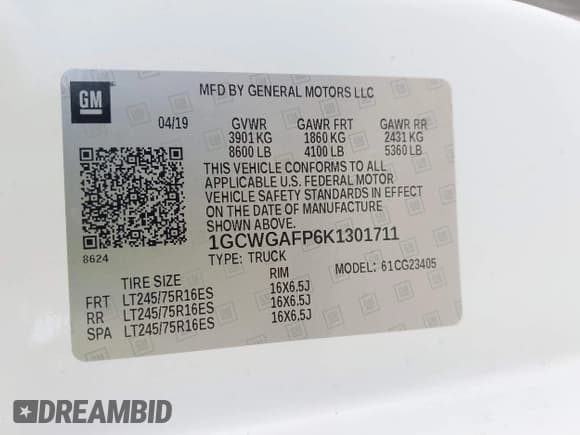 ✅ 2019 Chevrolet Express Cargo • VIN: 1GCWGAFP6K1301711 • Лот: 43324916. Опубликован ранее на IAAI с пробегом 52 047 миль. Бесплатный доступ к архиву аукционных продаж из США и подробный отчёт об истории автомобиля на DreamBid. Изображение 9.