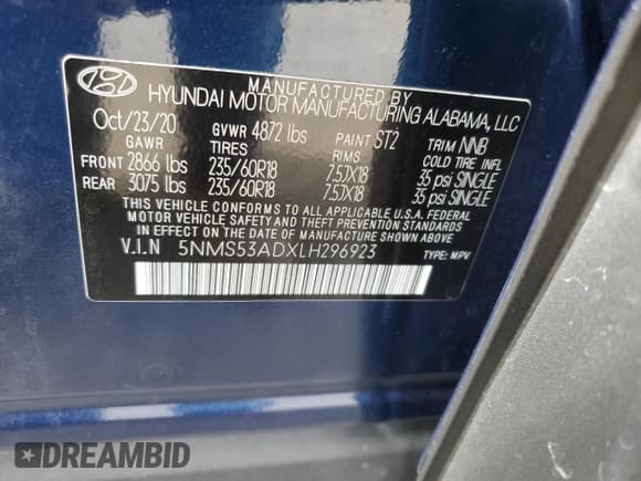 ✅ 2020 Hyundai Santa Fe Limited • VIN: 5NMS53ADXLH296923 • Lot: 71311234. Wystawiony na Copart z przebiegiem 36 376 mil. Bezpłatny archiwum sprzedaży aukcyjnych z USA i szczegółowy raport historii pojazdu na DreamBid. Zdjęcie 13.