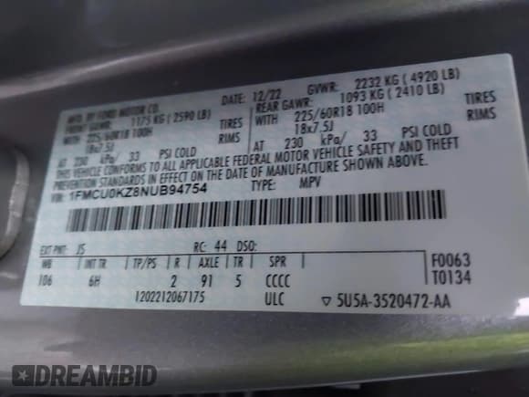 ✅ 2022 Ford Escape SEL Plug-In Hybrid • VIN: 1FMCU0KZ8NUB94754 • Lot: 43620836. Listed on IAAI with 53,821 mi. Free auction sales archive from the USA and detailed vehicle history report at DreamBid. Image 9.