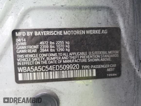 ✅ 2014 BMW 5 Series 528i • VIN: WBA5A5C54ED509920 • Lot: 92681715. Listed on Copart with 121,760 mi. Free auction sales archive from the USA and detailed vehicle history report at DreamBid. Image 12.