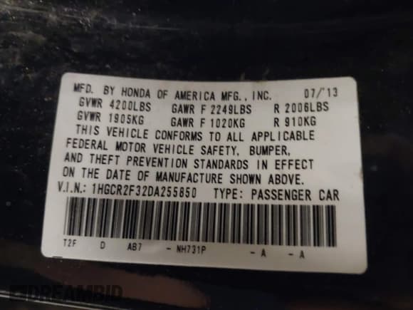 ✅ 2013 Honda Accord LX • VIN: 1HGCR2F32DA255850 • Lot: 43433242. Listed on IAAI with 179,350 mi. Free auction sales archive from the USA and detailed vehicle history report at DreamBid. Image 9.