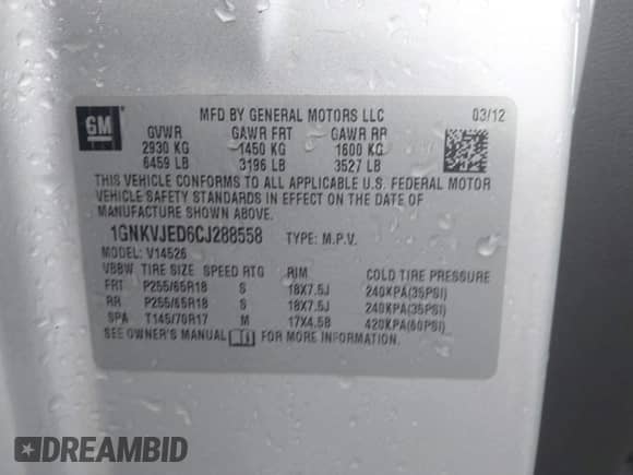 2012 Chevrolet Traverse 2LT с VIN 1GNKVJED6CJ288558, выставлен на аукционе IAAI как лот 43576858 с пробегом 144 513 миль миль и . История ставок и продаж доступна на DreamBid. Изображение 9.