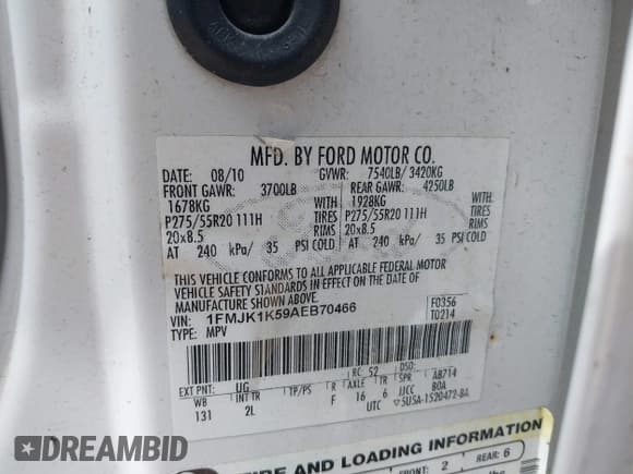 ✅ 2010 Ford Expedition Max Limited • VIN: 1FMJK1K59AEB70466 • Лот: 41768011. Опубликован ранее на IAAI с пробегом 208 089 миль. Бесплатный доступ к архиву аукционных продаж из США и подробный отчёт об истории автомобиля на DreamBid. Изображение 9.