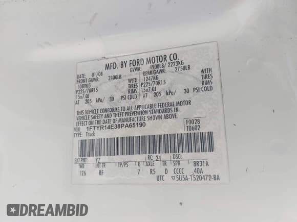 ✅ 2008 Ford Ranger XL • VIN: 1FTYR14E38PA65190 • Lot: 43375620. Listed on IAAI with 146,318 mi. Free auction sales archive from the USA and detailed vehicle history report at DreamBid. Image 9.